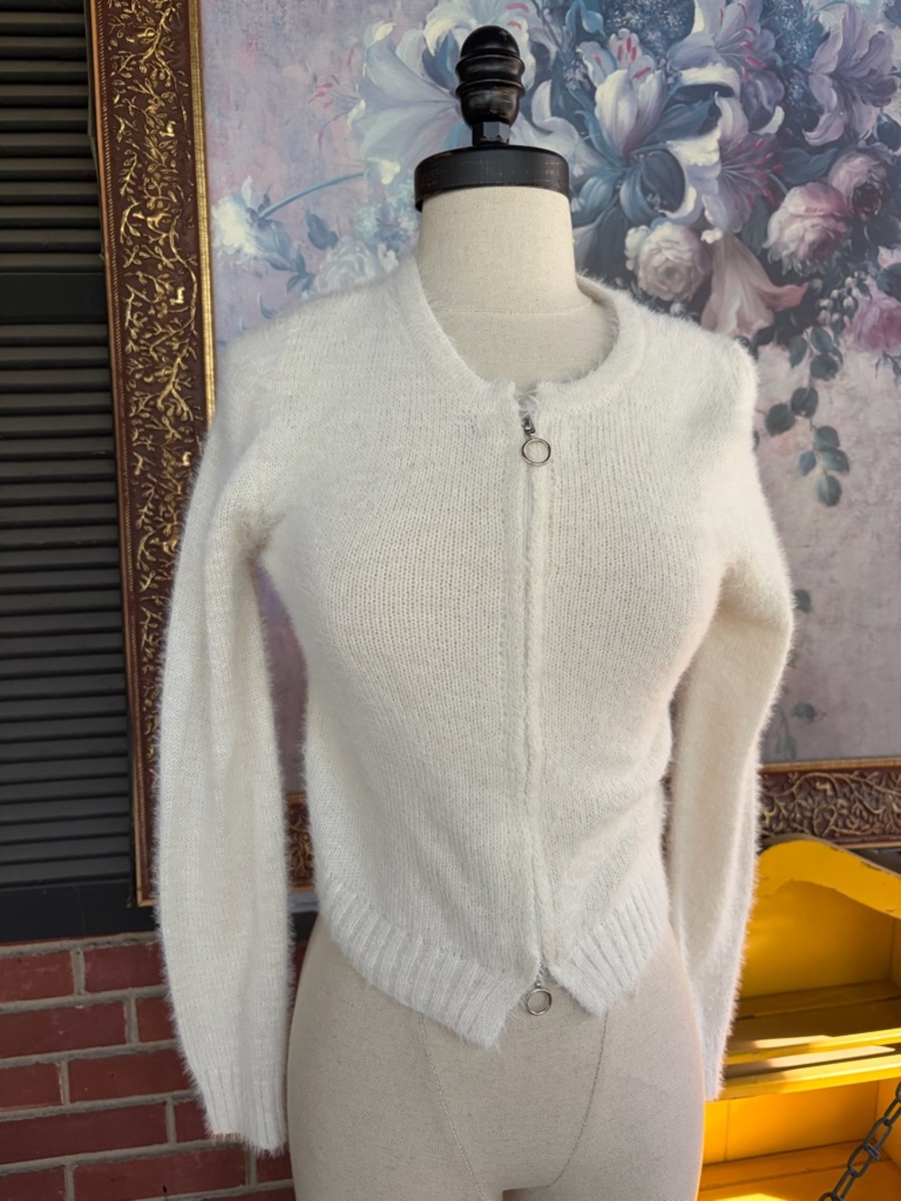 Cream Zip-Front Crewneck Mohair-Blend Sweater